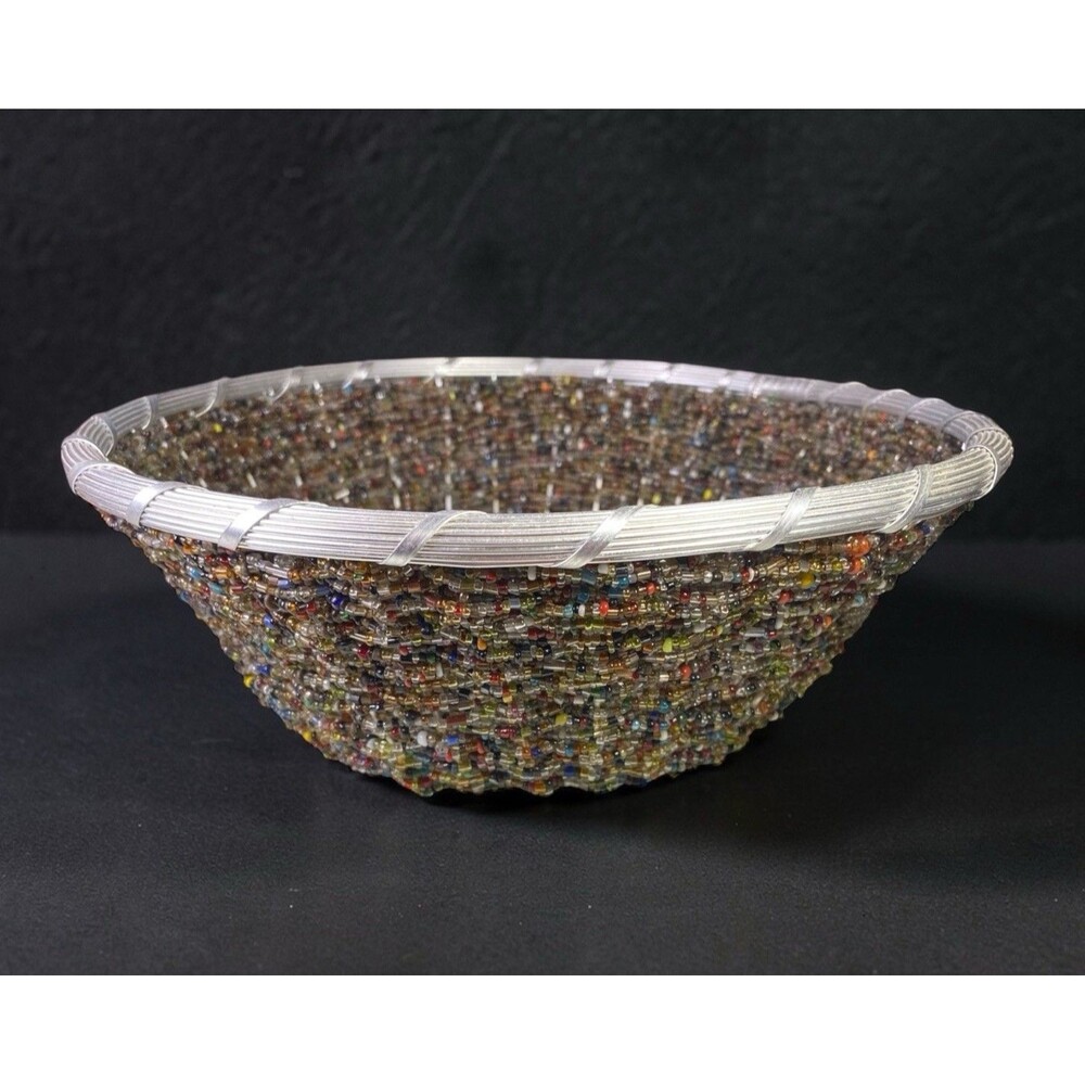 Handmade Wire Glass Seed Bead Fruit Bowl Basket Multicolor 10”